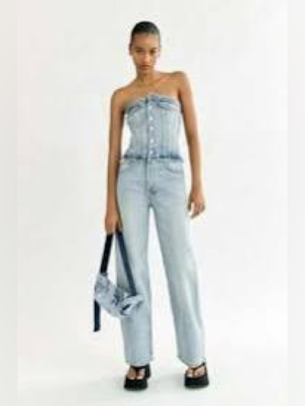 ZARA TRF STRAPLESS DENIM JUMPSUIT BLUE SIZE XS| 8197/182